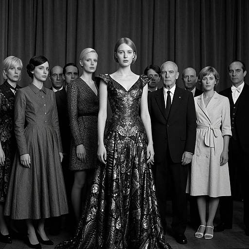Black-and-white photograph of a group of seven women and one man standing in a row, with the central woman wearing a shimmering, sleeveless gown