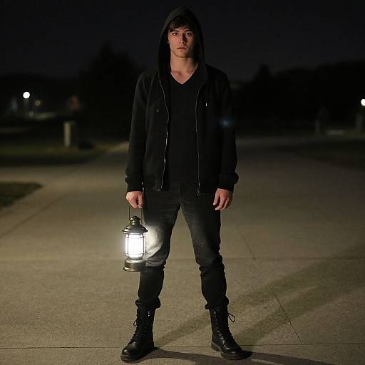 Photograph of a serious, hooded man in black clothes, holding a bright lantern, standing on a dark, empty street at night.