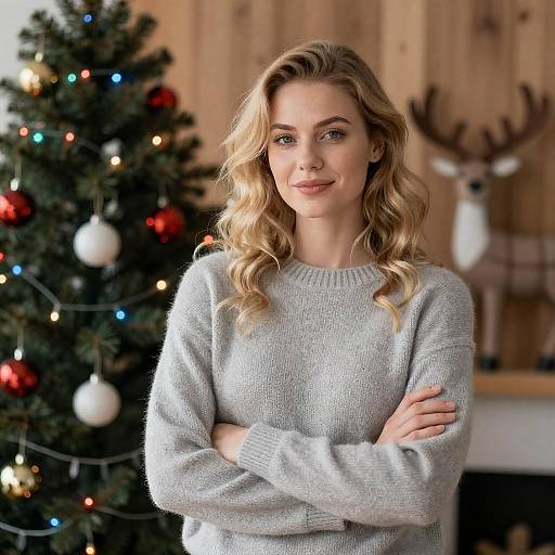 Smiling Woman with Christmas Tree Decor