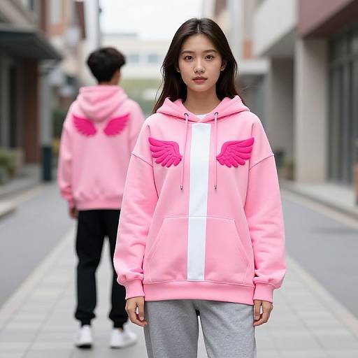 Photograph of an Asian woman in a pink hoodie with pink wings and white stripe, gray pants, standing on a city street with a blurred man in