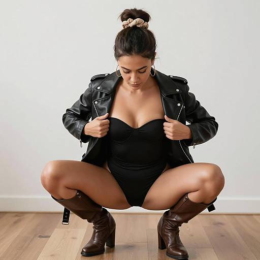 Woman in Black Leather Jacket and Boots Squatting