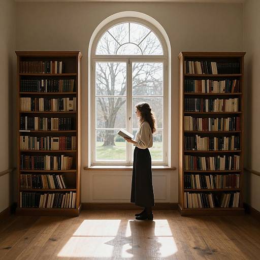 Photograph of a curly-haired woman in white blouse and black skirt, standing in sunlit room, reading book, flanked by tall wooden booksh