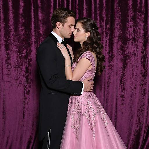 Photograph of a couple in a romantic pose: man in black tuxedo, woman in pink, lace-embellished gown, against purple