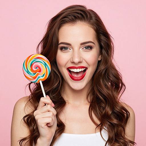 Photograph of a smiling woman with long, wavy brown hair, holding a colorful swirl lollipop against a pink background. She wears red lipstick and
