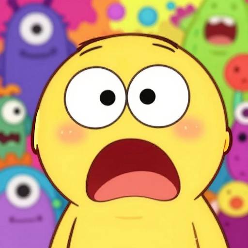 Cartoon yellow character with wide eyes and open mouth, blushing, surrounded by colorful, creepy-eyed monsters in a vibrant, chaotic background.