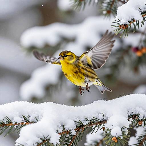 Sunlit Canary on Snowy Serviceberry Branch