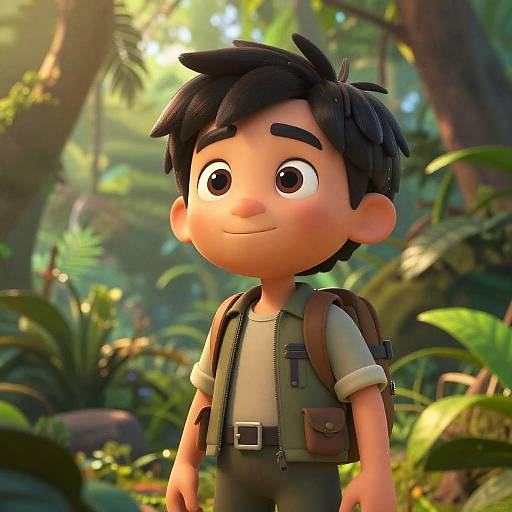 CGI cartoon of a young boy with black spiky hair, wearing a green vest, white shirt, and brown backpack, standing in a sunlit