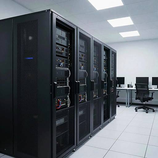 Photograph of a modern, well-lit office with black server racks filled with network equipment, white-tiled floor, and a white desk with monitors