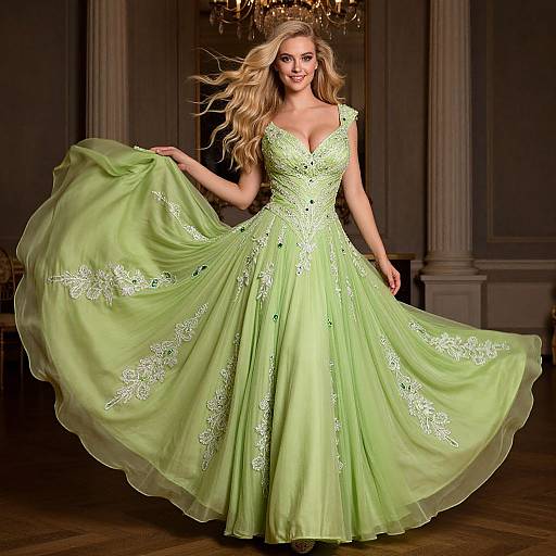 Photograph of a blonde woman in a flowing, light green, lace-embellished gown, smiling, holding out the skirt in a luxurious,