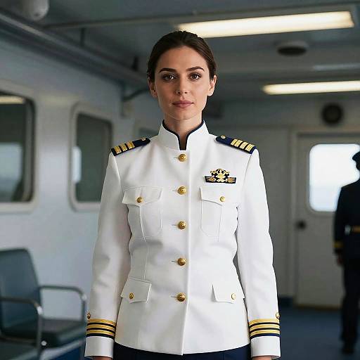Confident Female Admiral in Ship Interior