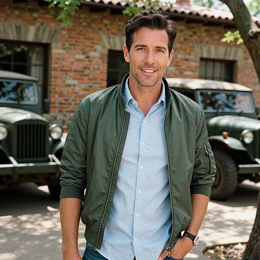 Man in Vintage Style with Military Backdrop