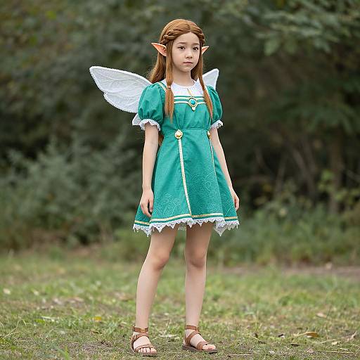 Photograph of a young girl with elf ears, wearing a teal dress with white lace, and white wings, standing on grass in a forest. She