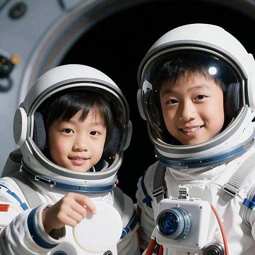 Two Asian Boys in Space Helmets