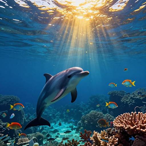 Photograph of a dolphin swimming underwater, surrounded by colorful fish and coral, with sun rays piercing through the clear blue ocean.