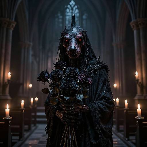 Dark, eerie photograph of a hooded, skull-faced figure with glowing red eyes, holding black roses, standing in a dimly lit, candle-l