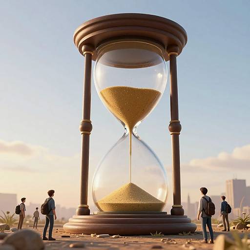 Photograph of large, wooden hourglass with sand mid-flow, standing on rocky ground; four small, silhouetted men in suits, observing