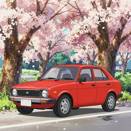 Red Retro Car by Sakura Trees