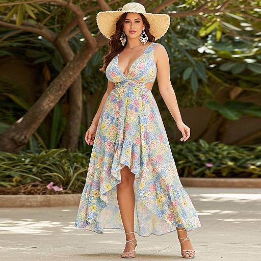 Photograph of a woman with long dark hair, wearing a floral dress, deep V-neck, straw hat, large earrings, and white strappy sandals