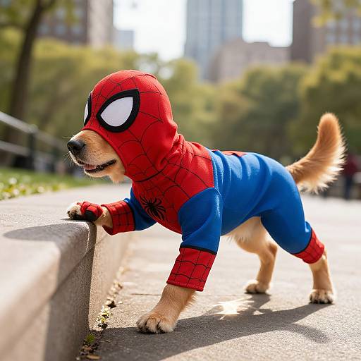 Photograph of a dog wearing a Spider-Man costume, red and blue, with large white eyes, leaning on a concrete wall in a sunlit park