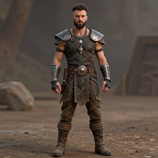 Photorealistic CGI of a muscular bearded man with dark hair, wearing medieval armor, leather tunic, and boots, standing in a foggy