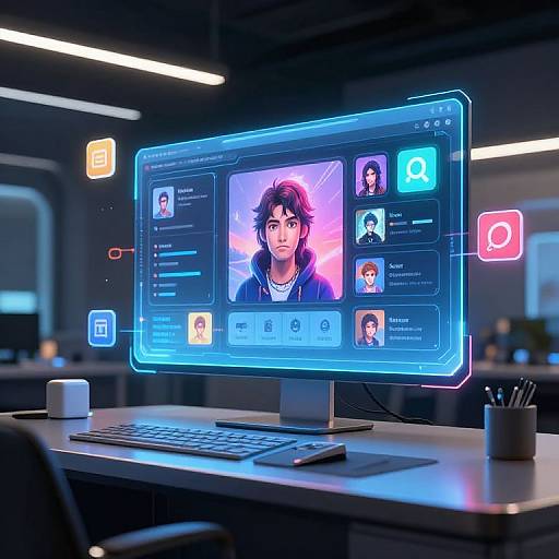 Neon-lit computer monitor displaying a digital interface with a portrait of a young man in a hoodie, surrounded by app icons and user profiles in a