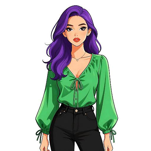 Digital anime-style drawing of a woman with long purple hair, green blouse with tie-front, black high-waisted pants, white background.