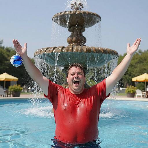 Excited Man in Pool with Fountain