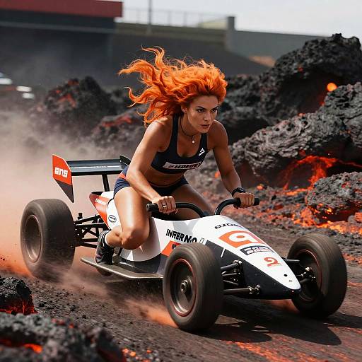 Photograph of a red-haired woman in a black sports bra and shorts, racing a white and black go-kart through a rocky, fiery lava field