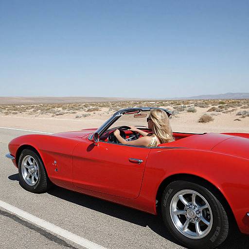 Photograph: Blonde woman in red convertible driving through desert; bright red car, clear blue sky, sandy landscape, white road lines.