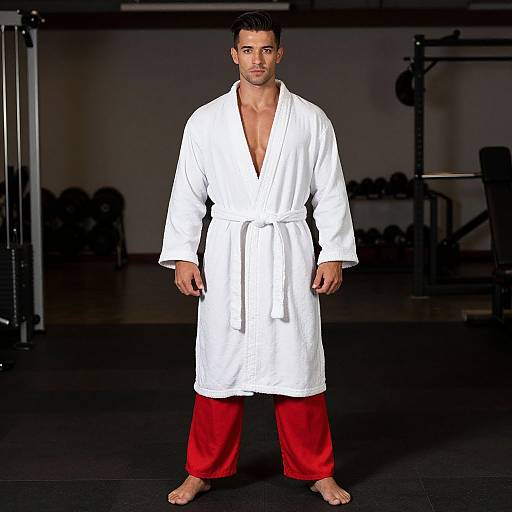 Photograph of a muscular man with short dark hair, wearing a white bathrobe tied at the waist, over red pajama pants, standing barefoot
