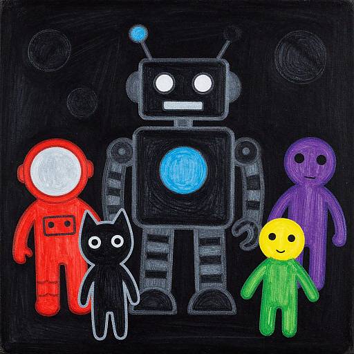 Digital drawing of a colorful, cartoon-style space scene with a robot, red astronaut, yellow astronaut, purple figure, black cat, and yellow head.