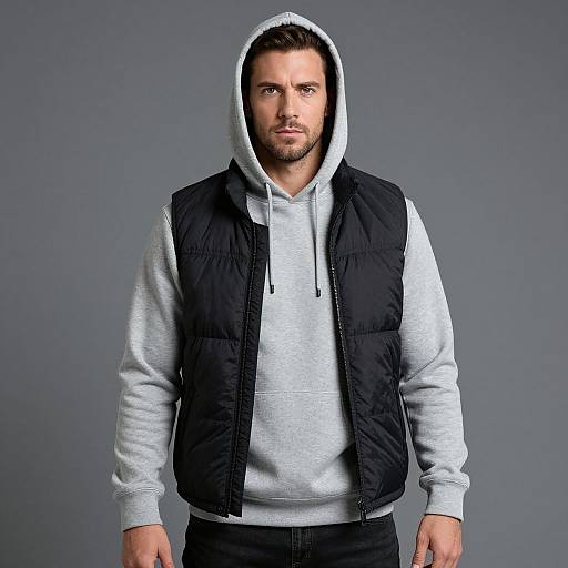 Photograph of a bearded man with short brown hair, wearing a gray hoodie and black puffy vest, standing against a gray background.