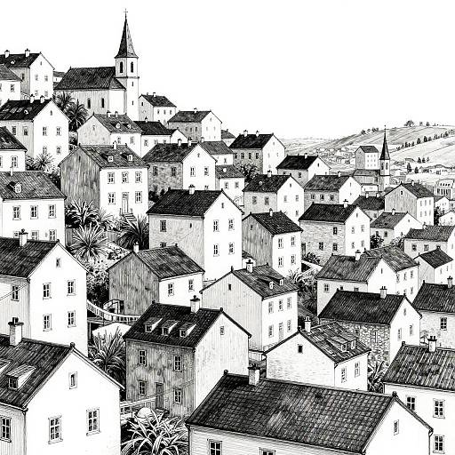 Black and White Drawing of Hillside Neighborhood