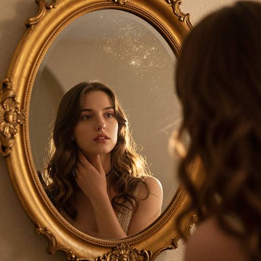 Photograph of a young woman with wavy brown hair, reflected in an ornate, oval, golden-framed mirror, gently touching her chin,