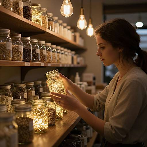 Photograph of a young woman with brown hair in a ponytail, wearing a beige shirt, holding a glowing jar of illuminated pebbles in a
