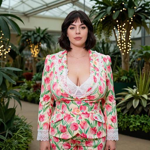 Photograph of a curvy woman with short black hair, large breasts, wearing a floral blazer with lace trim, standing in a greenhouse with plants