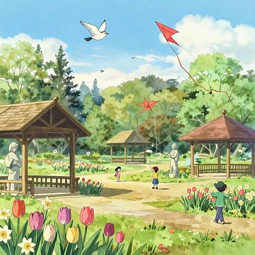 Anime Rural Park Watercolor Scene