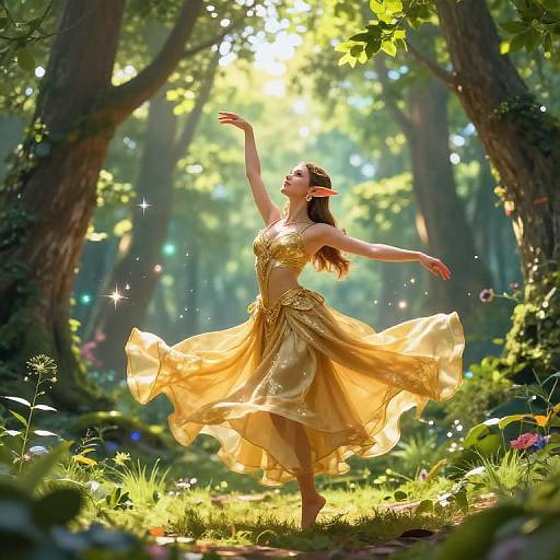 Digital fantasy artwork of an elfin woman in a golden dress dancing in a sunlit, enchanted forest with sparkling light and colorful flowers.