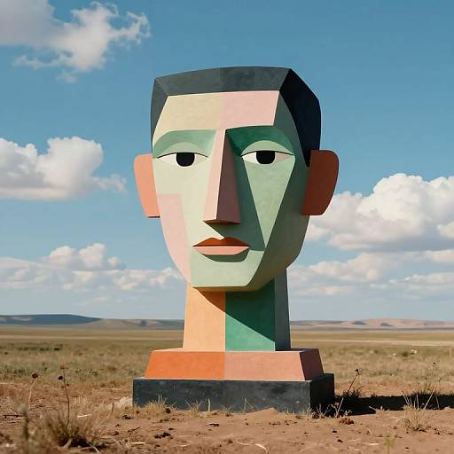 Photograph of a geometric, abstract sculpture of a face with angular features, positioned in a dry, open desert landscape under a bright blue sky with scattered