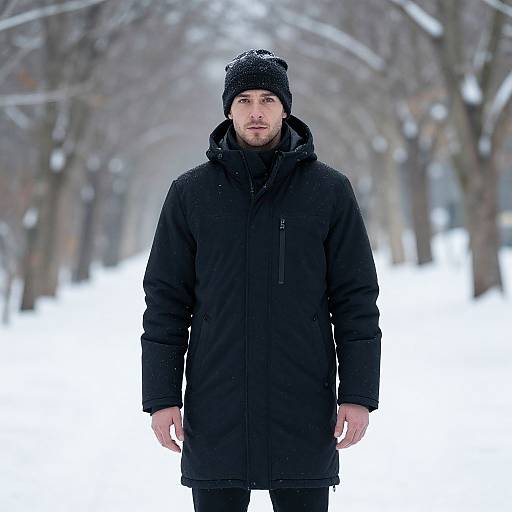 Photograph of a bearded man in a black winter coat and knit hat standing in a snowy, tree-lined pathway.