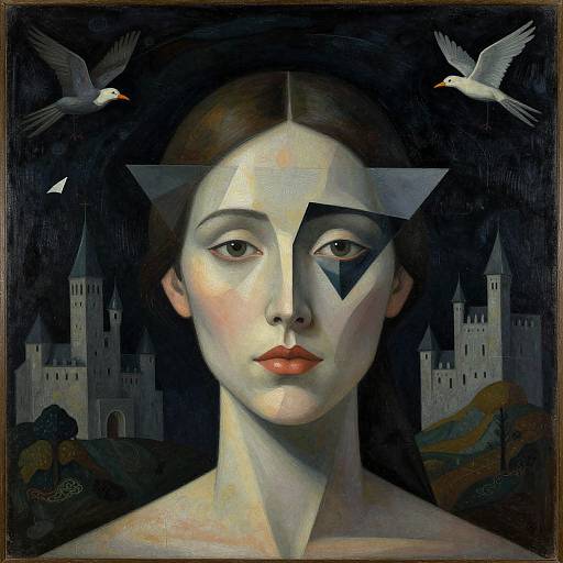 Surrealist painting of a pale woman with geometric face, red lips, dark hair, castle background, and two white birds flying above.
