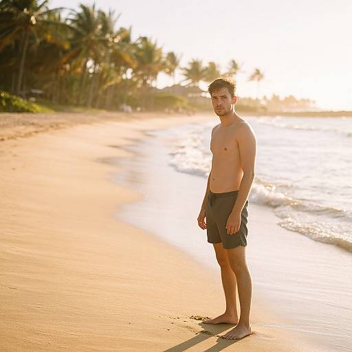 Photograph of a young, shirtless man with short brown hair, wearing dark gray shorts, standing on a sunlit, palm-lined beach with gentle