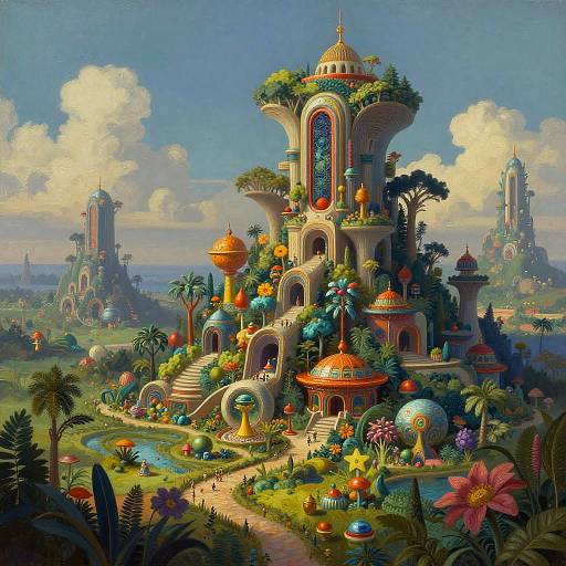 Vibrant digital fantasy landscape featuring a colorful, ornate, multi-tiered tower with lush greenery, whimsical buildings, and surreal, oversized