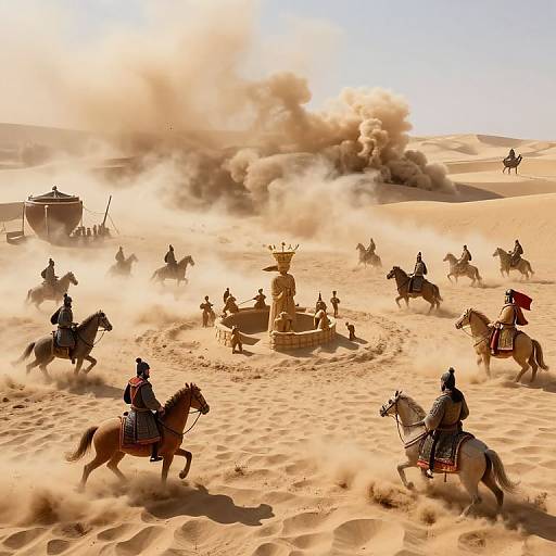 Photograph of a desert battle scene with silhouetted horsemen riding towards a central sandstone structure, surrounded by clouds of dust and dunes