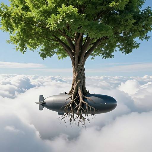Upside-Down Tree and Submarine in Clouds