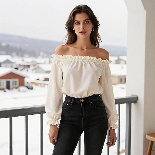 Chic Woman on Snowy Terrace