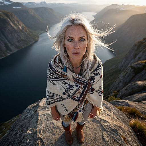Photograph of a blonde woman with blue eyes, wearing a patterned white shawl, standing on a rocky cliff overlooking a serene, sunlit mountain