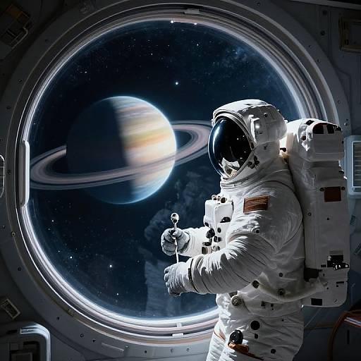 Digital artwork of an astronaut in a white spacesuit with a reflective helmet, floating outside a spacecraft, gazing at a planet with rings through a circular