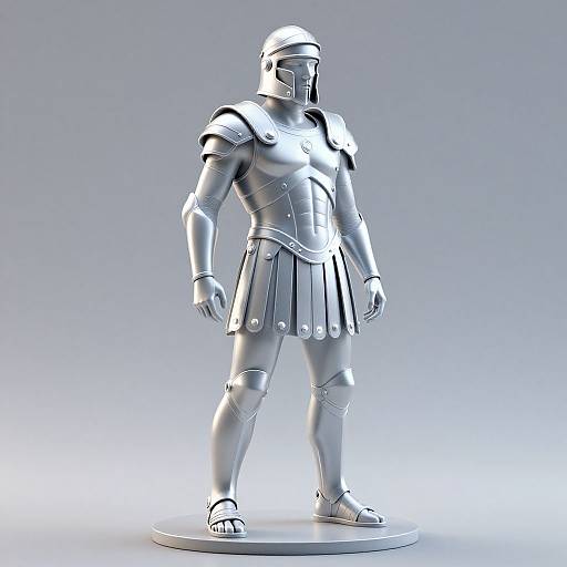 CGI-rendered, monochromatic, full-body Roman gladiator statue with detailed armor, helmet, and pleated skirt, standing on circular base
