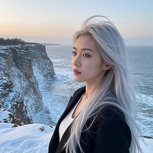 Photograph of a young woman with long, white hair, fair skin, and blue eyes, standing on a snowy cliff overlooking a frozen ocean at sunset